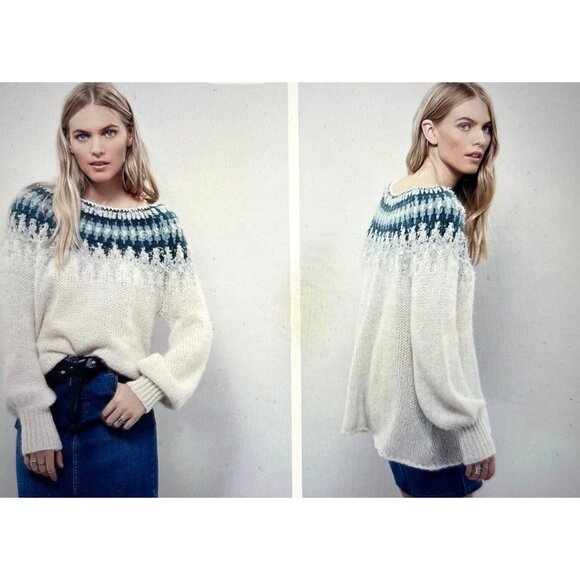 Free People Baltic Fair isle Oversized Pullover Sweater, Blue, Ivory XS Preppy - Picture 1 of 9